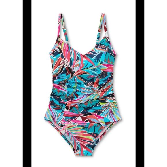 Aqua Green Turquoise and Pink One Piece Swimsuit Size Large New - Picture 1 of 5